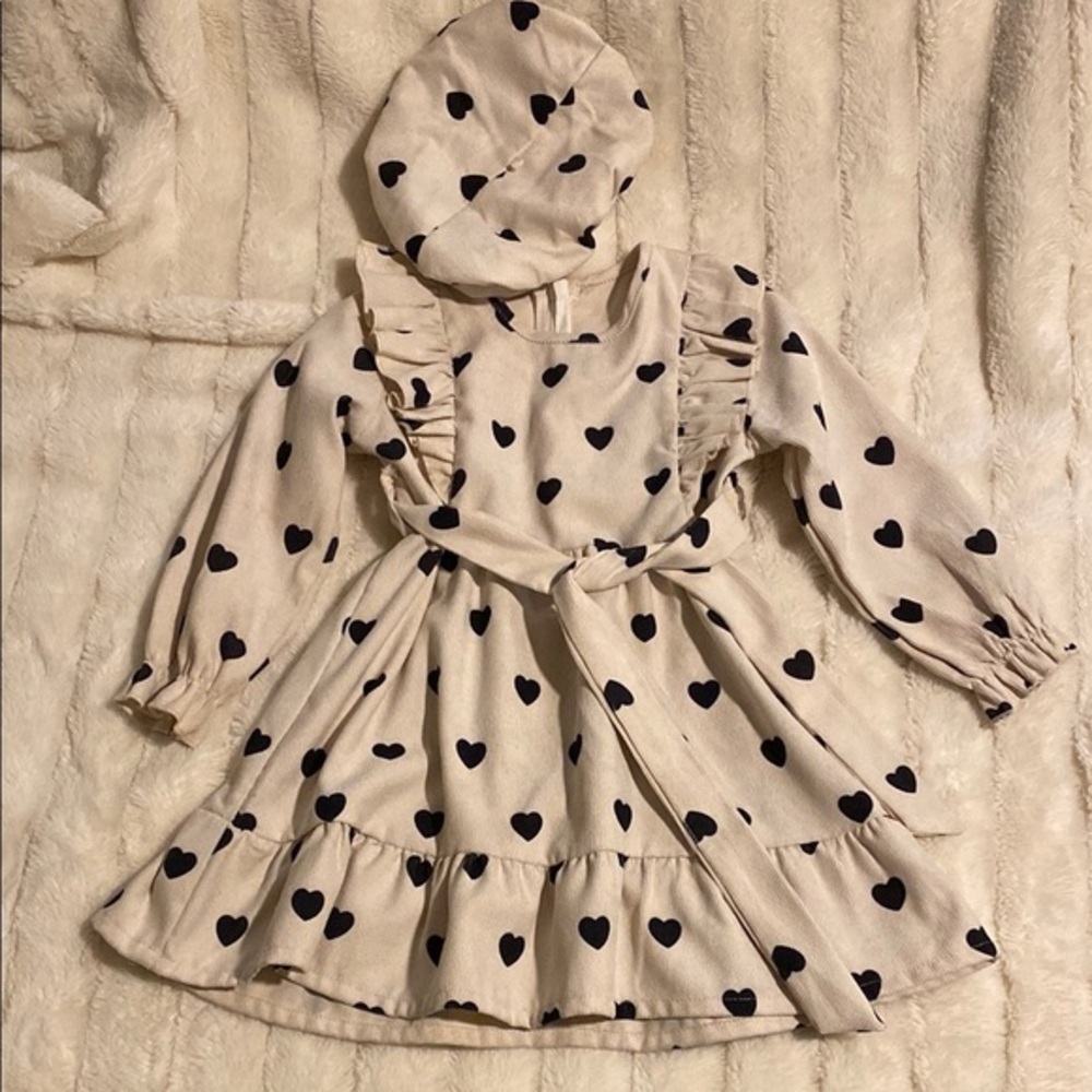 Heart Patterned Cream Dress with Hat